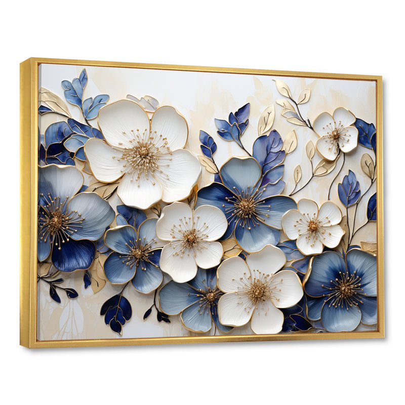 Minimalisme bleu et or - Violettes, art mural de salon, Cadre flottant doré, 16" H x 32" W