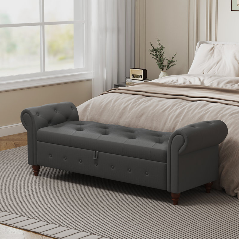 40" Tufted Storage Bench, Upholstered Storage Ottoman Bench, Rolled Arm Window Bench, Dark Gray, 20.5'' H x 40'' W x 17'' D