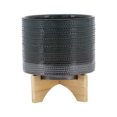 Jardinière en céramique 8 po avec plateforme en bois - Polyvalente pour le jardin et le salon