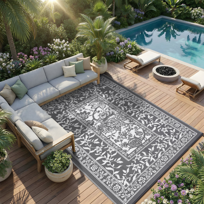 Reversible Outdoor Rug 10x20ft, Grey/White - Waterproof Plastic Straw Patio Mat, UV & mark Resistant, Easy Clean, Portable Carpet for Garden, Camping, Backyard - Made in USA