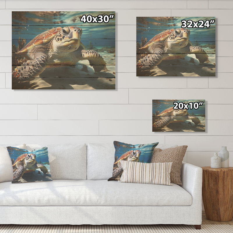 Minimalist Lagoon Turtle - Turtle Wood Panel Wall Art On Natural Pine Wood, 30" H x 40" W