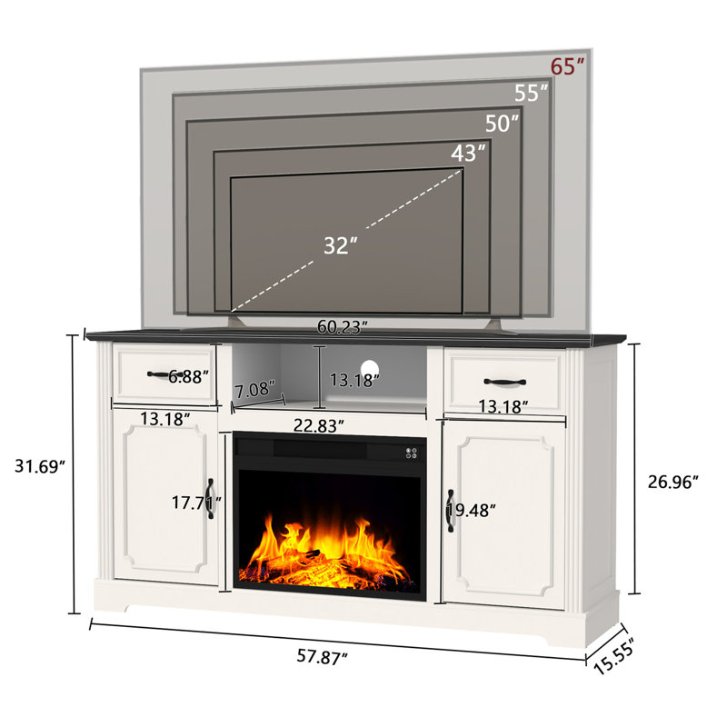 60" Media Console TV Stand For TVs Up To 65" With Electric Fireplace Included, White