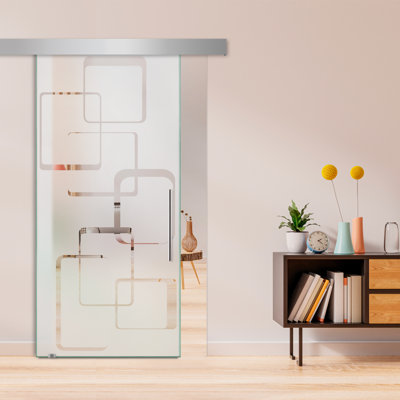 Porte de grange coulissante en verre sans cadre avec design moderne sablé et quincaillerie (semi-privée)