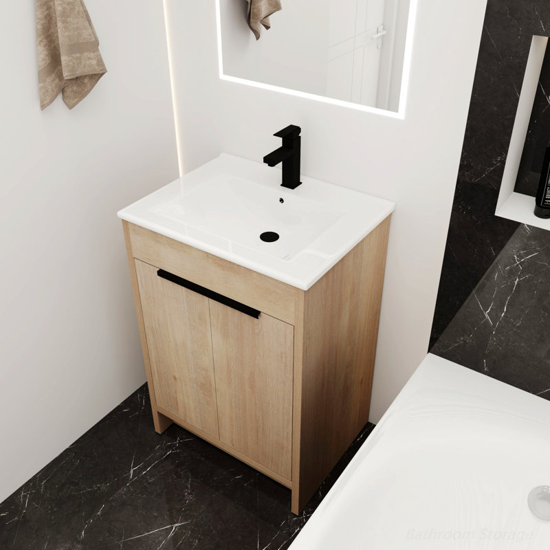 Meuble-lavabo autoportant avec lavabo en céramique et 2 portes d'armoire à fermeture en douceur