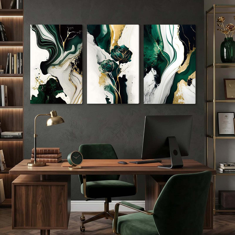 Triptych Green and Gold Floral Wrapped Canvas Wall Art 40x60cm