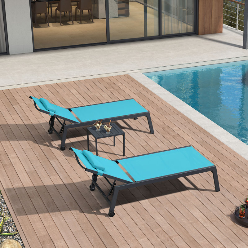 Outdoor Oversized Patio Chaise Pool Lounger Aluminum Frame With Side Table And Wheels, Blue
