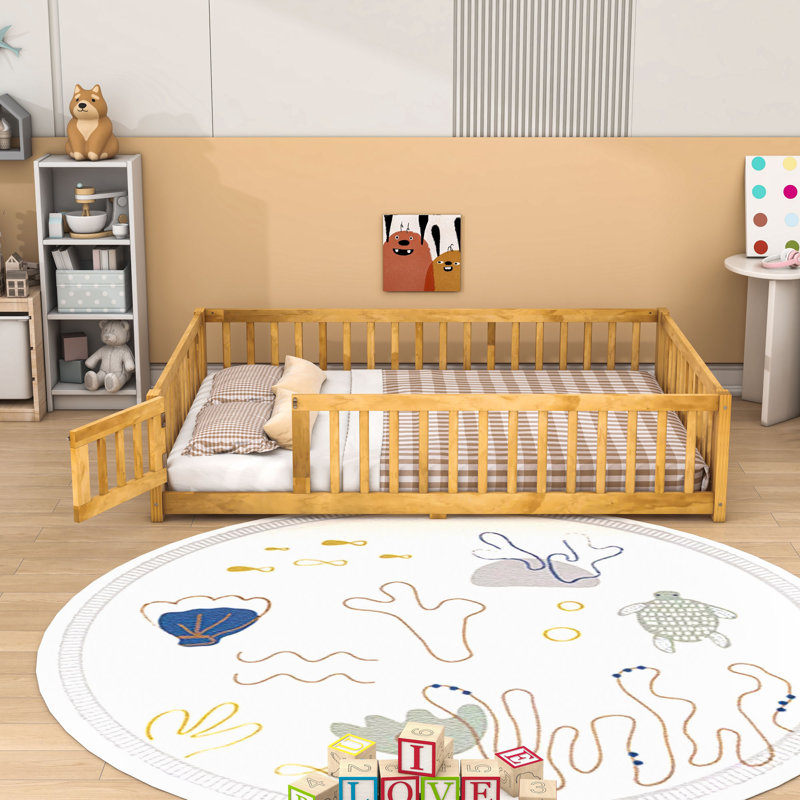 Floor Bed With Safety Guardrails And Door, Natural, Full
