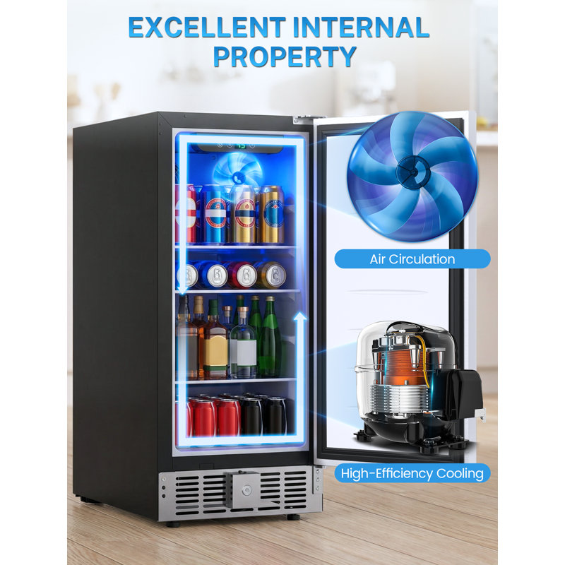 Réfrigérateur à boissons de 15 pouces, réfrigérateur à boissons sous le comptoir avec porte en acier inoxydable, refroidisseur de boissons encastré et autoportant pour bières, boissons gazeuses, réfrigérateur extérieur pour la cuisine de patio