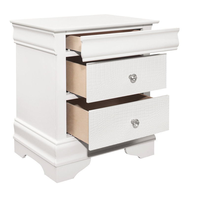 Table de chevet Traditional 3 avec motif de devant de chambre en faux alligator blanc
