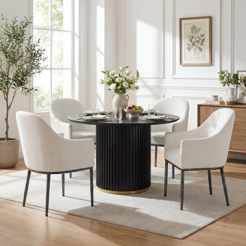 Urbina Modern 5-Piece Dining Table Set With Upholstered Armchairs & Pedestal Base, Beige/Forged Pewter