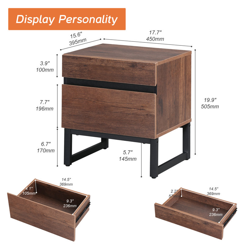 Aadam Modern End Table With 2 Drawers, Farmhouse Sofa Table, Wooden Rustic Side Sofa Table With Metal Leg For Living Room, Nighstand For Bedroom