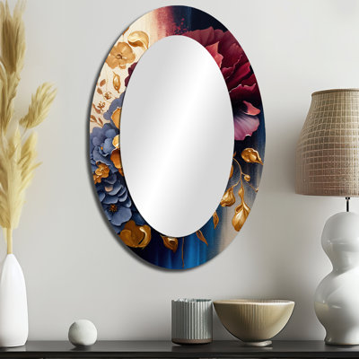 Décoration murale bourgogne et bleu floral II - miroir ovale rouge