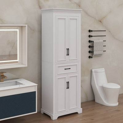 Armoire de rangement de 70,8 po de hauteur avec tablettes réglables, armoire de salle de bain moderne avec 4 portes et 1 tiroir, équipée de portes à charnières amortissantes