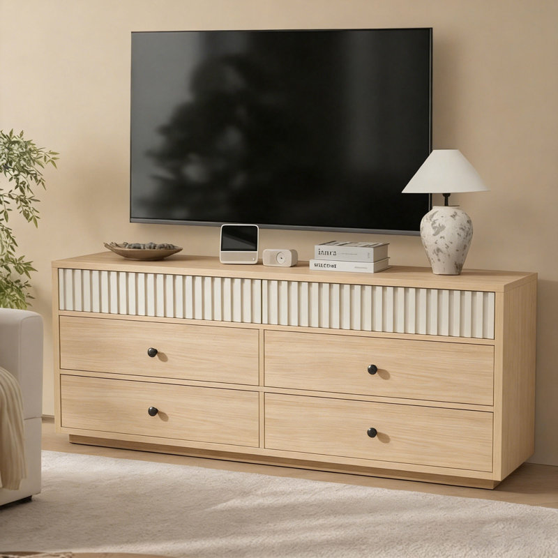 160cm Walnut Tv Stand Cabinet 6-drawer Large Capacity Entertainment Center, Media Console For Living Room Bedroom