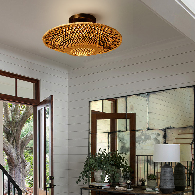 Hand-Woven Bamboo Semi-Flush Ceiling Light, 5.9" H x 15.74" W x 15.74" D