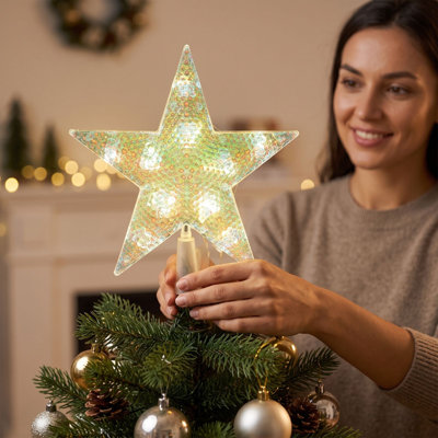 Christmas Decorations Lighted Christmas Tree Topper Star Warm White Flashing LED Star Tree Top Ornament  Glitter Hollow Star Christmas Tree Decoration For Xmas Tree Home Holiday Deco