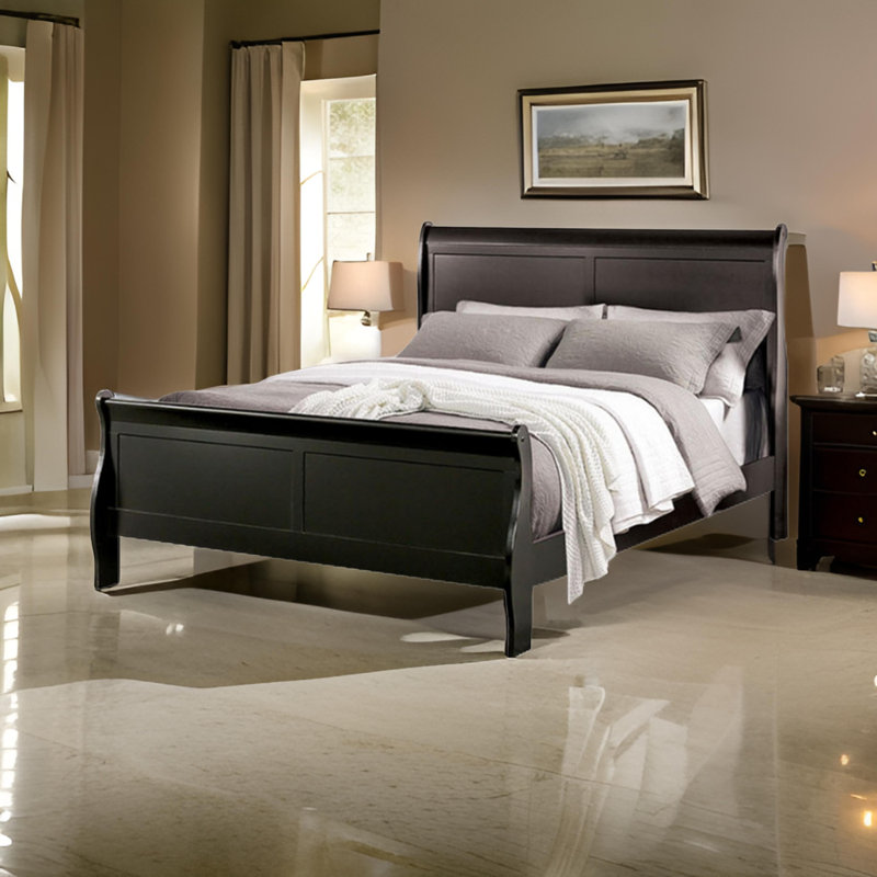 Ryla Bed, Sleigh Panel Headboard, Classic Solid Wood, Twin, Black