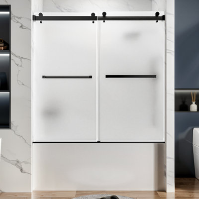 56-60" X 60" Fully Frameless Sliding Bathtub Door , 1/4" Tempered Glass With Explosion-proof Film Matte Black