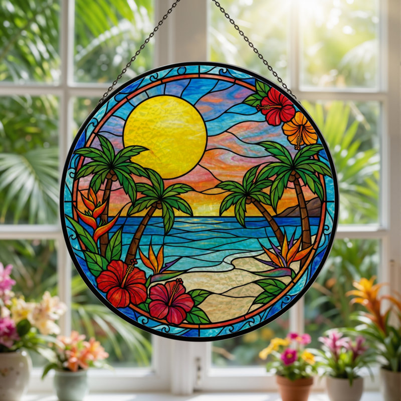 7.8"H Tropical Sunset Stained Glass Window Panel, 7.8" H x 7.8" W