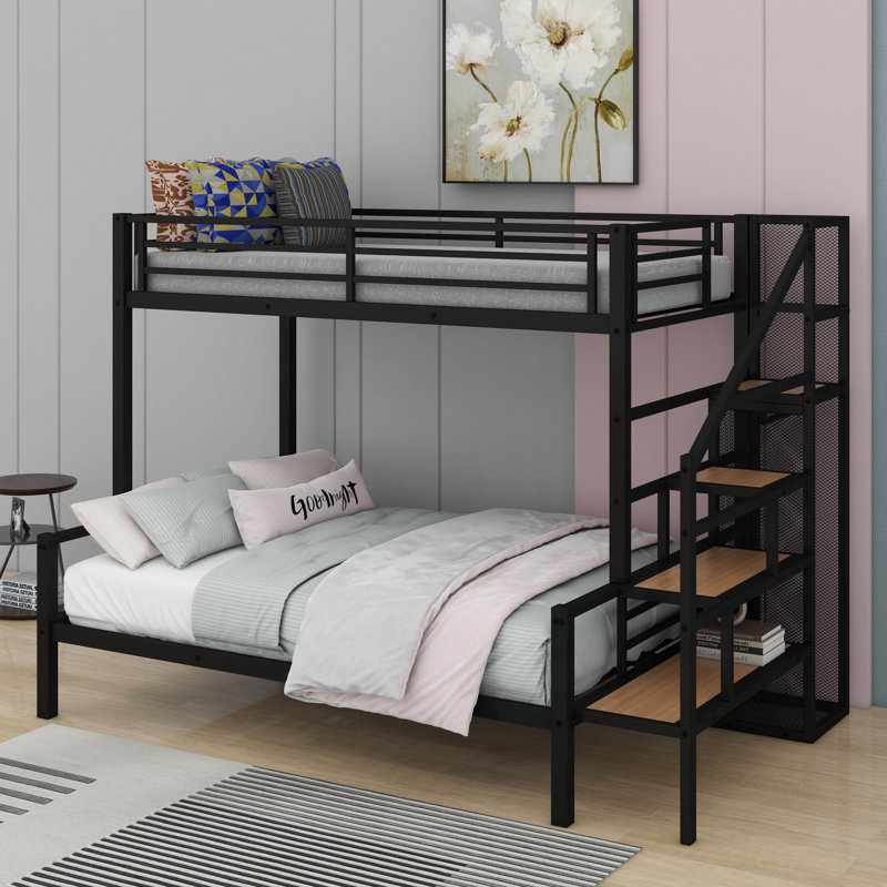 Lit simple superposé au dessus d'un lit double en métal avec escalier de rangement et garde-robe, Noir