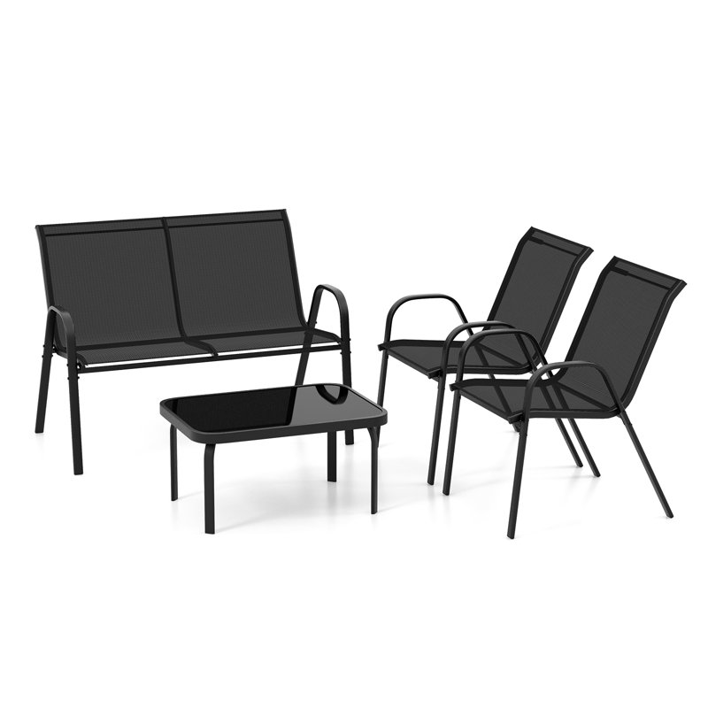 4 Piece Patio Metal Table & Chairs Outdoor Conversation Furniture Set W/ Loveseat-Black, Black