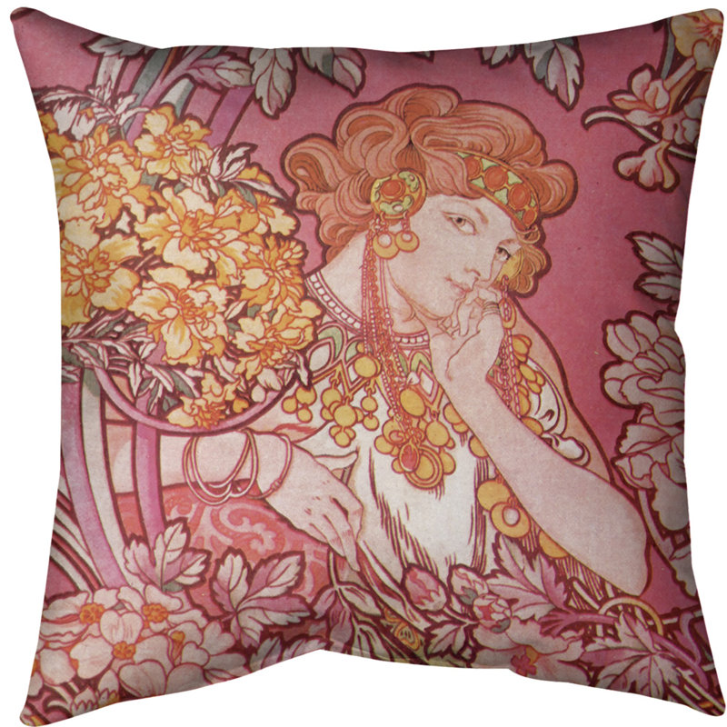 Coussin alphonse mucha femme entre les fleurs, Rose, Faux lin