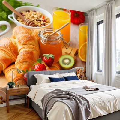 Papier peint adhésif peler et coller Croissants, fruits frais, café, jus, noix, restaurant, mur, mur, peintures murales, H 100 po x l 144 po, amovible, papier peint en PVC, adhésif mural pour chambre, salon, bureau à domicile