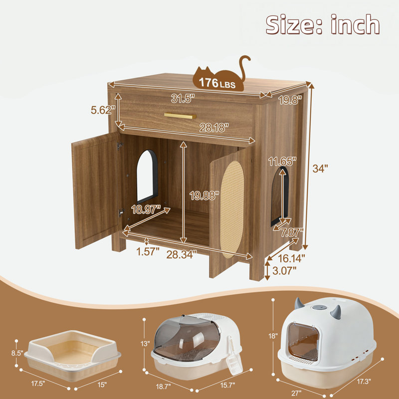 Cat Litter Box Enclosure With Scratching Board Doors, Espresso