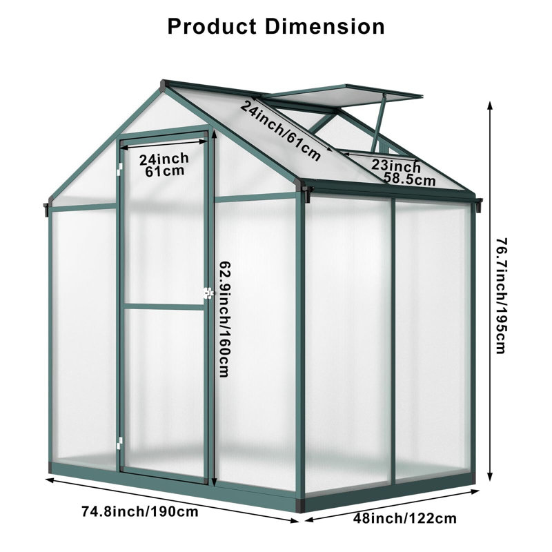 Greenhouses With 24" X 23" Roof Windows Vent, Plant Garden Hot House, 48", Green