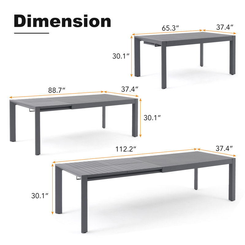 Table de salle à manger rectangulaire extensible en aluminium pour l'extérieur, Gray