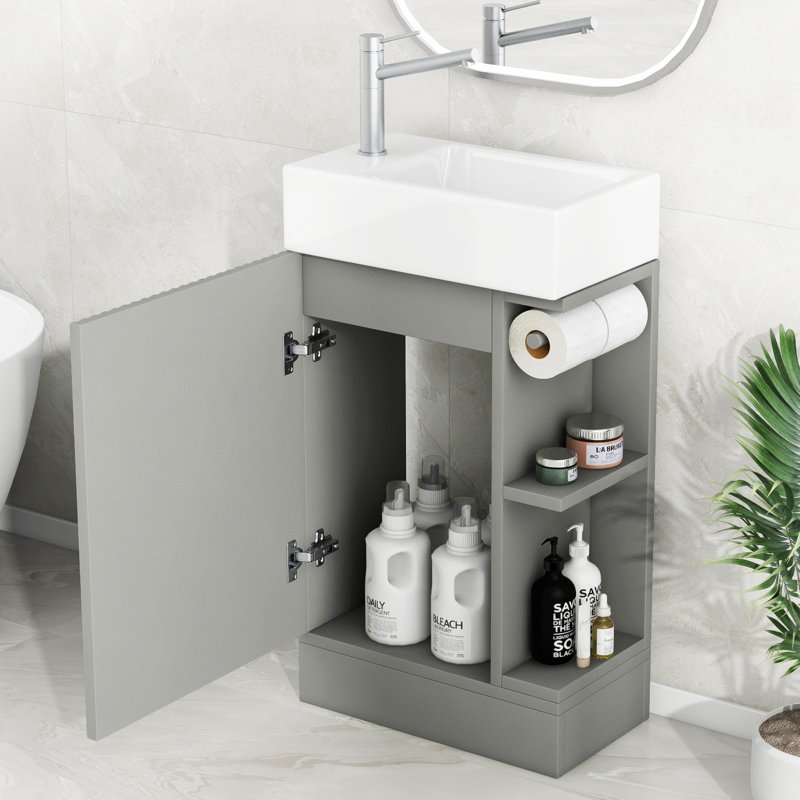 Meuble-lavabo 18,6 po avec lavabo en céramique, porte et armoire de rangement, Gris