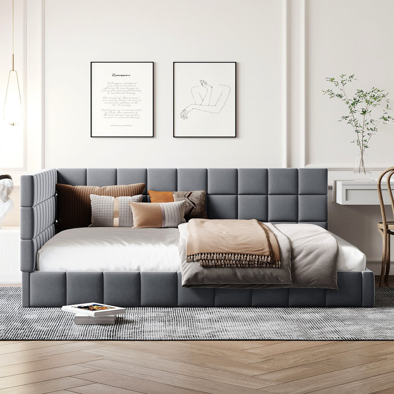 Gray Velvet Full Size Daybed/ Bed Frame, Mid-Century Modern Distinction, Wood Construction With Supportive Slats Upholstered In Velvet, , Frame Reinforced For Home Comfort, Style And Functionality