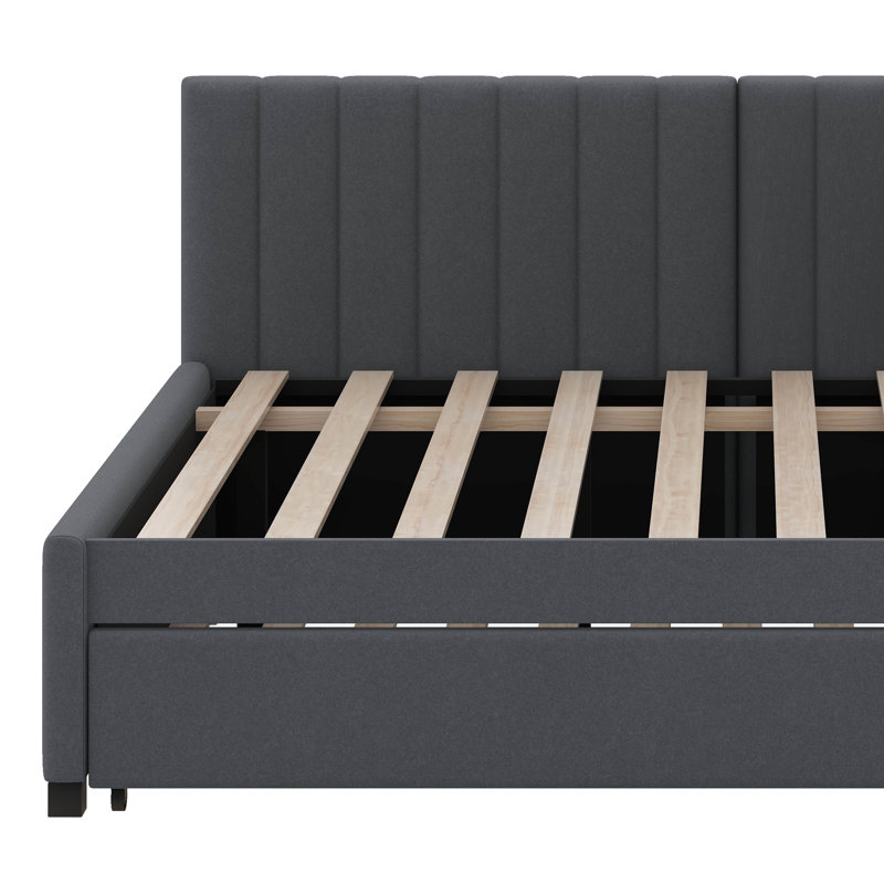 Full Size Upholstered Daybed With Trundle, Daybed With Wood Slats, Linen Fabric Sofa Bed Frame For Living Room, Gray