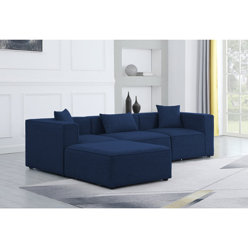 Canapé modulaire réversible de 108 po de large avec repose-pieds, Tissu texturé en lin bleu marine