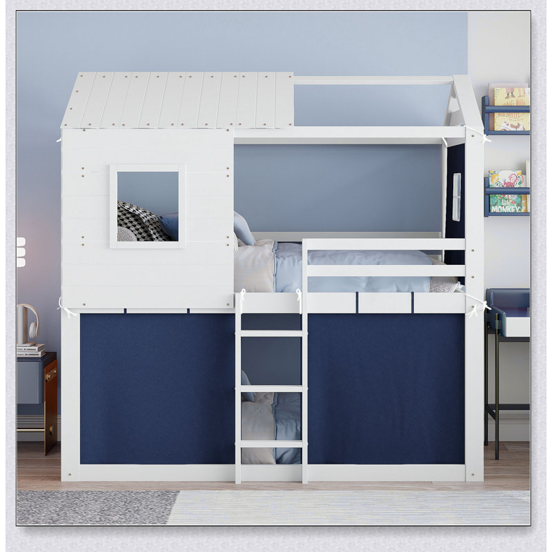Bunk Wood House Bed With Tent, Lit simple, Bleu / blanc