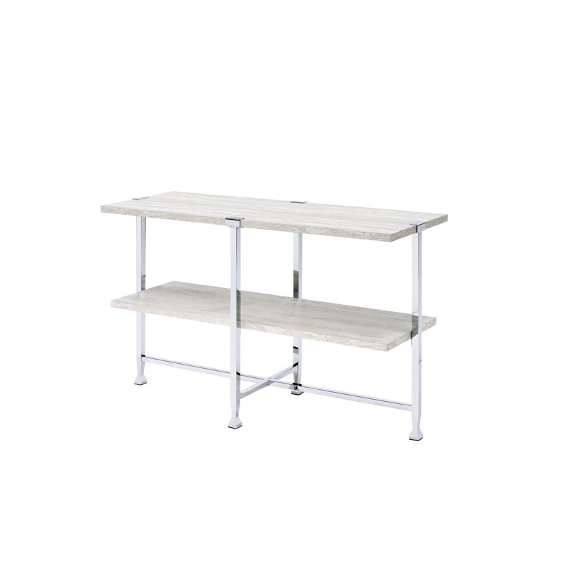 Table demi-lune en chêne blanc, démontable, compartiment de rangement ouvert avec tablette fixe, plateau en placage papier et plomb, structure tubulaire métallique en forme de X, largeur 122 cm, hauteur 76 cm, profondeur 41 cm, capacité de charge 32 kg.