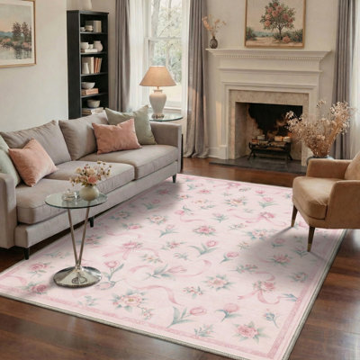 Tapis d'intérieur floral rose / vert Atascadero lavable à la machine avec envers antidérapant