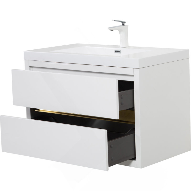 Meuble-lavabo flottant 30 po, armoire murale avec lavabo, blanc brillant, entièrement assemblé, Blanc, 30"