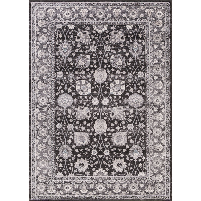 Tapis oriental tissé à la machine en anthracite, Rond 7 pi