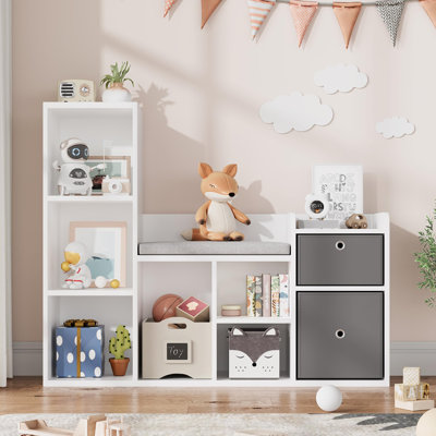Kids Bookshelf with Reading Bench, 6-Cubby Wooden Toy Storage Organizer with Cushion Seat & 2 Drawers