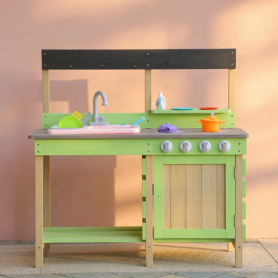 Kinsley Wood Mud Kitchen Outdoor Playset, Pretend Cooking & Water Play Toy Set with Storage Cabinet