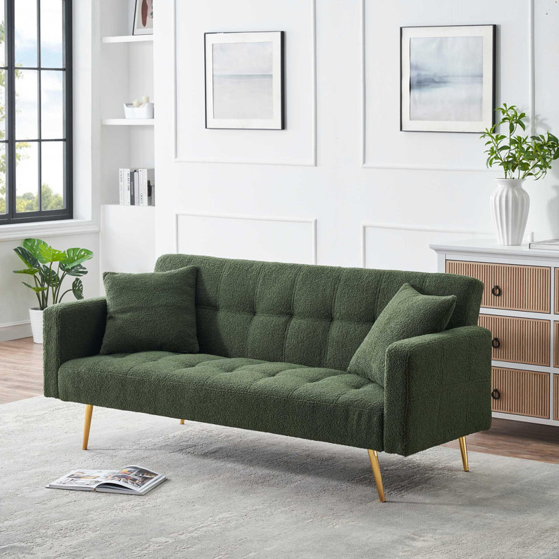 71.7 - inch Green Teddy Fleece Sofa Bed, accompanied by two charming throw pillows, Green Teddy