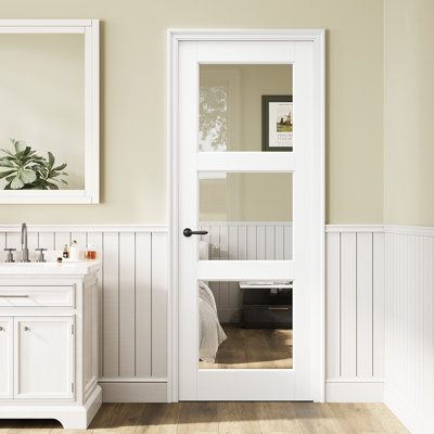Interior 28"x80"H Clear Glass 3-Lite Primed Slab Door Prefinished Solid Core Wood Standard Door By Ark Design