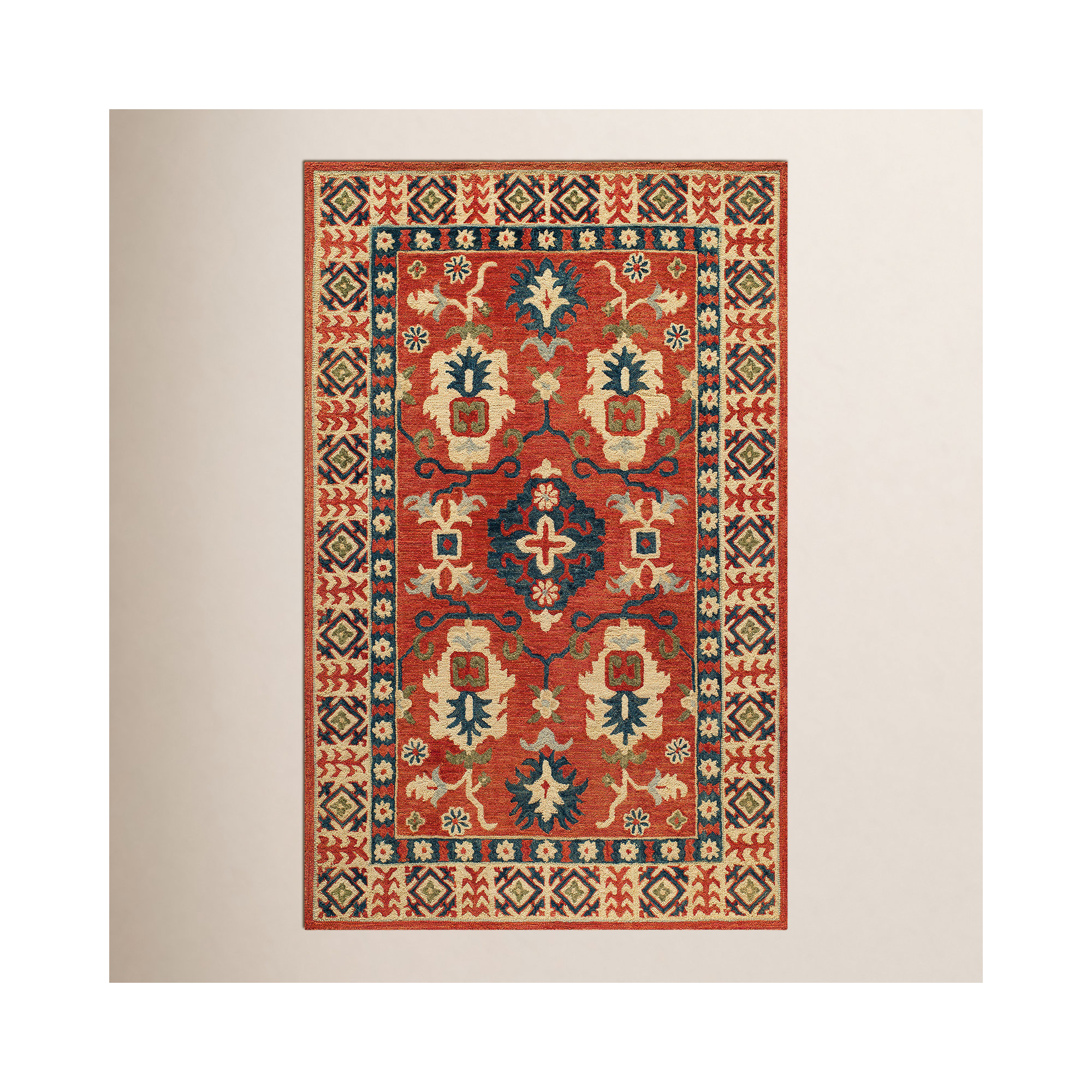 Adrien Handmade Wool Burnt Sienna/Navy/Beige Rug, Rectangle 2' x 3'