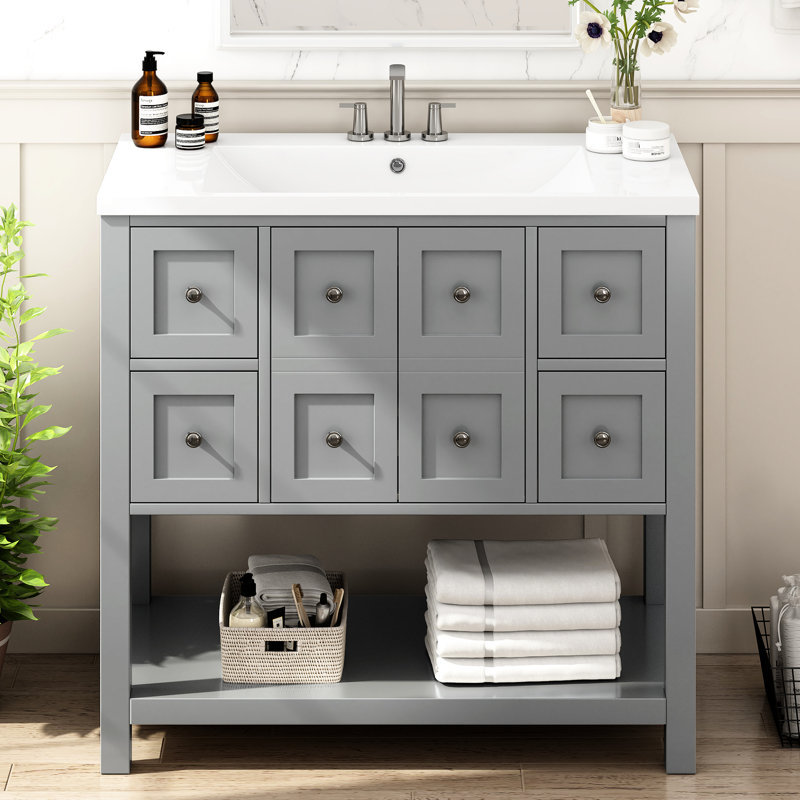 36'' Bathroom Vanity, Undermount Sink, Solid Pine Wood, 4 Drawers, Soft - Close Doors, Grey, Modern, Glossy Resin Basin, Three Hole Sink Setup, , Silent Drawer Slides, Spill Function, Large Storage
