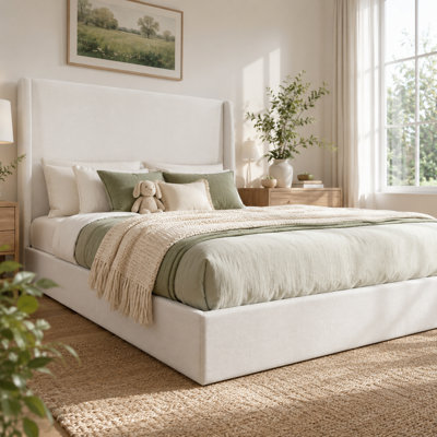 Peery Queen / King Chenille Upholstered Platform Bed with Wingback Headboard, 12 Wood Slats and Reinforced Center Support