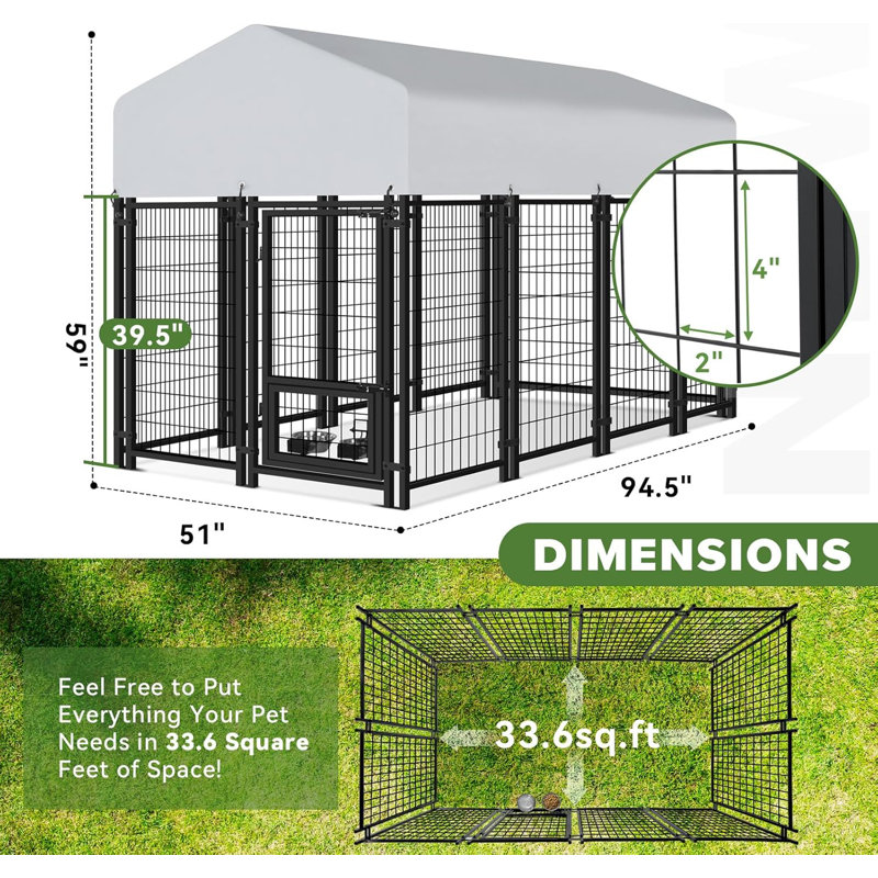 Chenil en métal 8X4X5Ft avec porte, chenil d'extérieur pour chien avec toit, H 59 po x l 51 po x P 94,5 po