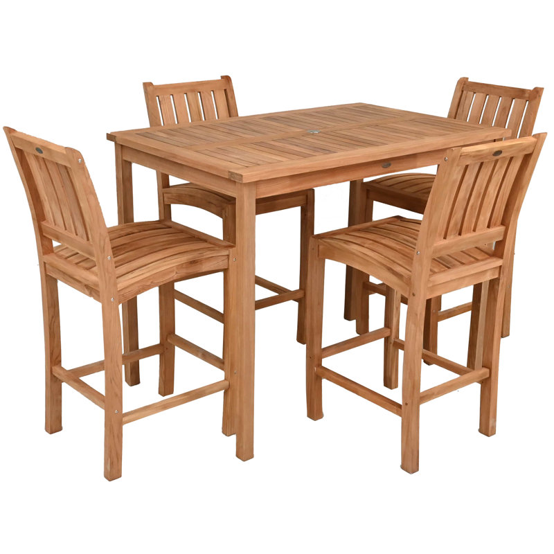 Teak Wood Bistro Bar Set Including Rectangular Table And Abacho Barstools, 43" H x 55" L x 35.5" W, 4