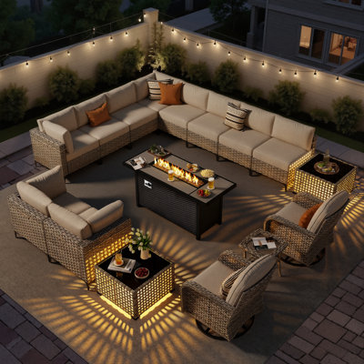 16-Piece  Mixed PE Wicker Modular Outdoor Patio Sectional Conversation Set, 12-Seat Patio Furniture with Rectangular Propane Fire Pit Table, LED Light Coffee Tables, Swivel Rocker Chairs, Side Table & Water proof Cushions