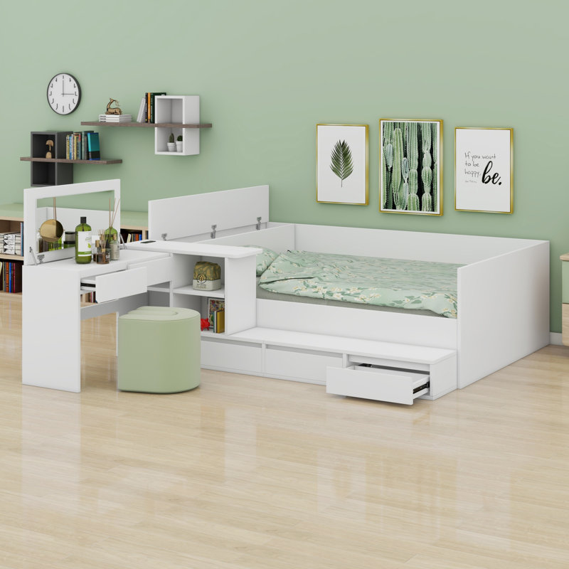 Lit plateforme en bois avec tiroirs, tablettes et coiffeuse, blanc